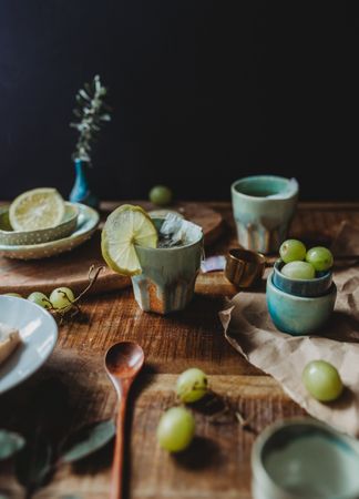 Arrangement of ceramic utensil on wood table