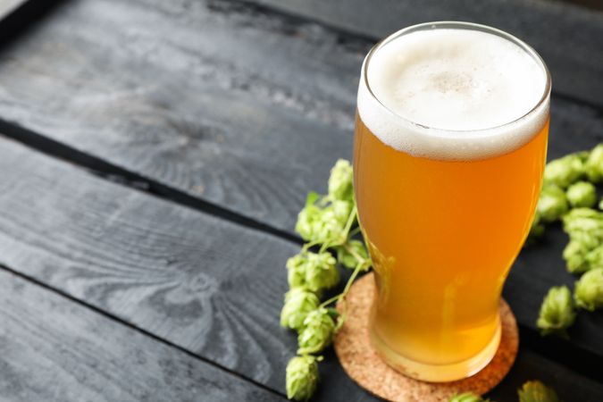 Glass of beer and hop cones on wooden background, copy space