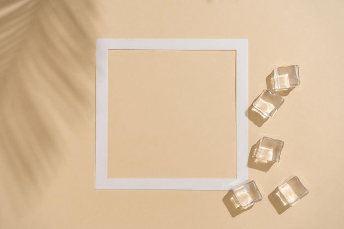 Flat lay of ice cubes on beige background with square and shadow of palm leaf