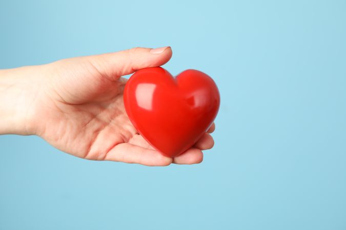Female hand holds heart on blue background. Health care, organ donation