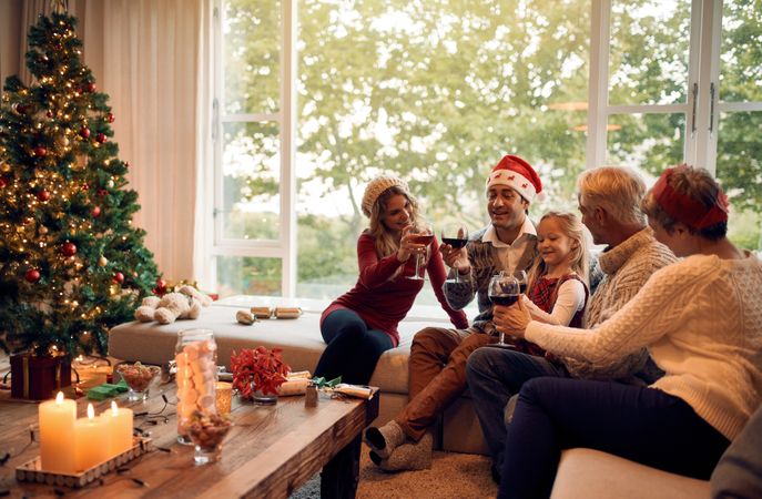 Family celebrating christmas with wine