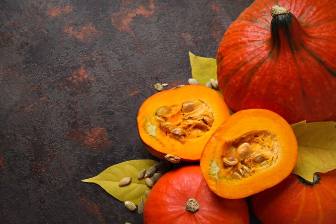 Concept of Autumn vibe food, Pumpkin, Pumpkin seeds, space for text