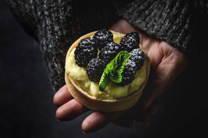 Hand holding a blackberry tartlet