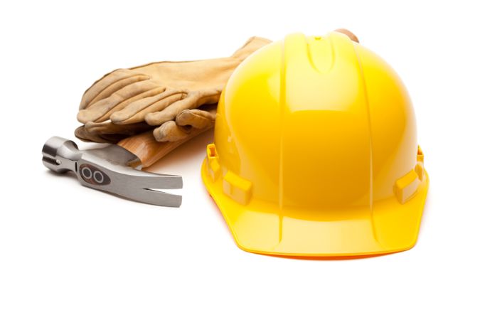 Yellow Hard Hat, Gloves and Hammer