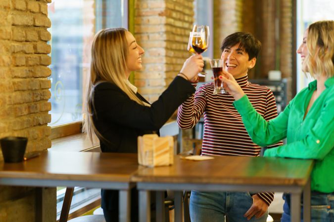 Female friends toasting drinks in a pub together