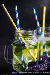 Summer detox lemonade with lavender, lemon and mint in mason jars 426M8g