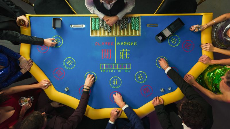 Top Down View Of Glamorous Casino Gamblers Placing Bets and Having Fun While Winning at Baccarat Table. Professional Croupier Dealing Cards, VIP People Enjoying Luxurious Lifestyle, Having Drinks.