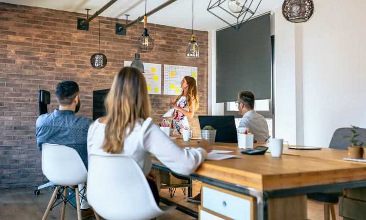 Female manager in a work meeting with her workers