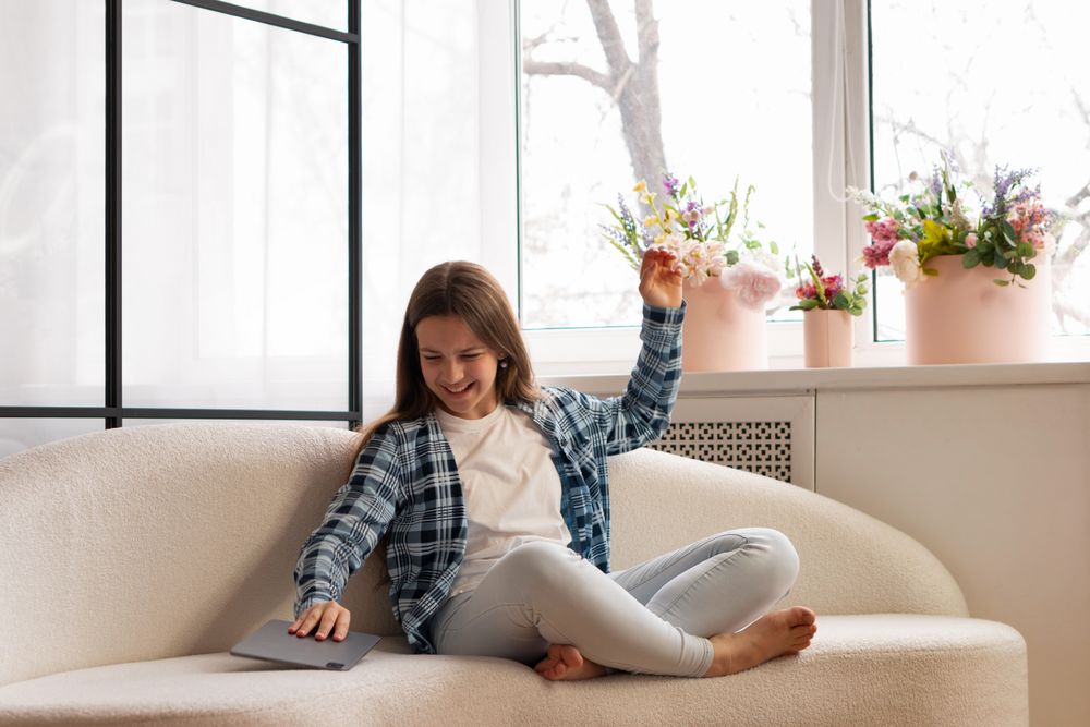 Smiling teen girl playfully placing tablet aside on sofa.