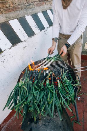 Spanish chef or cook prepares typical Catalan calcots
