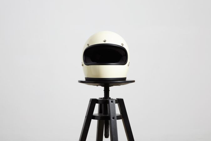 Motorcycle helmet on a stool