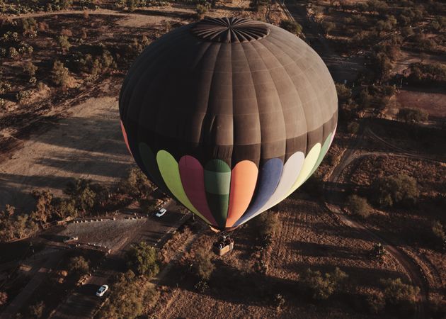 Hot air balloon with stripes in Teotihuacan Valley