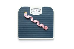 Weigh scales and measuring tape isolated on blank background