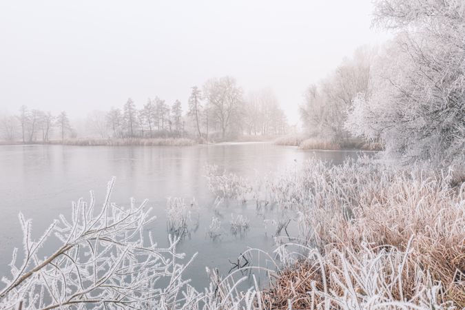 Landscape shot of a lake on a wintry day