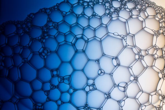 Abstract background bio technology, macro photography foam and water with gradient background. Molecule multicolor backgorund