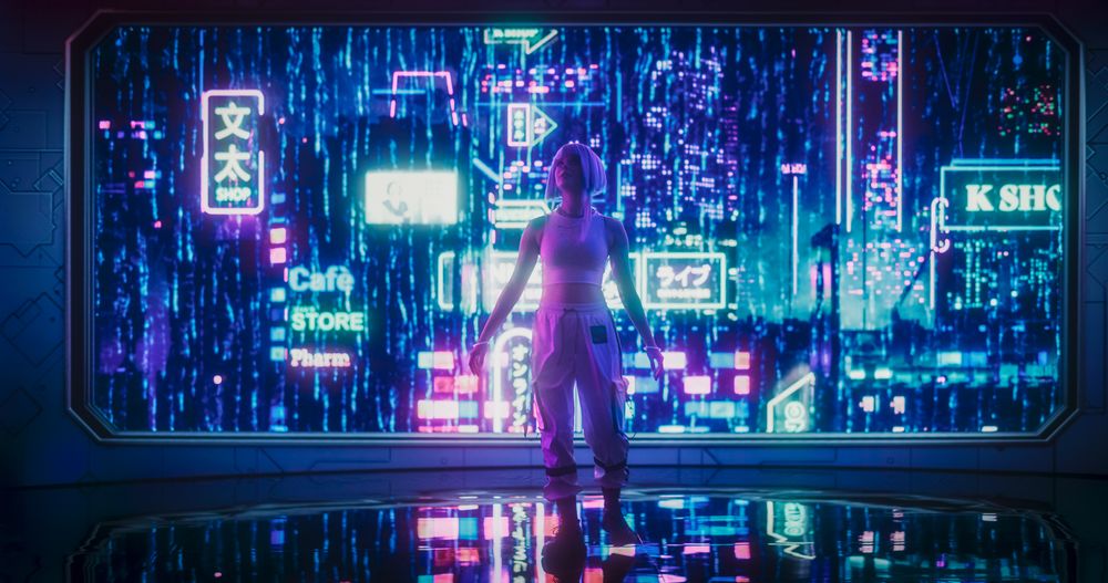 Portrait of an Excited Young Female with Blue Hair Wandering Around a Futuristic Urban Center