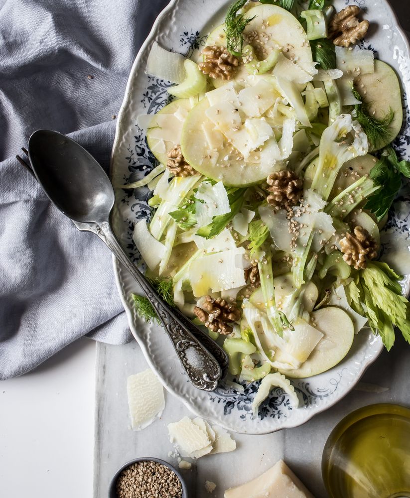 Gourmet salad with fruits, cheese and nuts