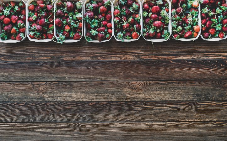 Strawberries in eco-friendly plastic-free boxes, lined up on wood background, copy space