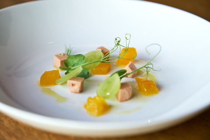 Decorative ingredients for a celery cream with mango, foie and g