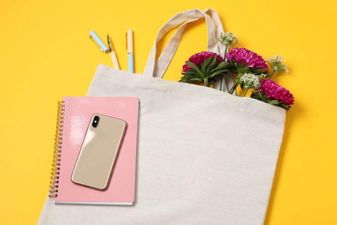 Eco bag, phone, stationery, allium and chrysanthemum on color background, space for text