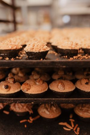 Shelves with fresh bread and buns