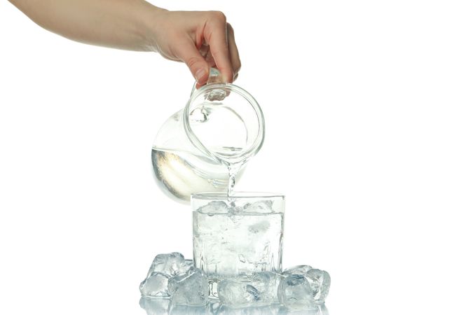 Hand pouring pitcher of water being poured into glass surrounded by ice