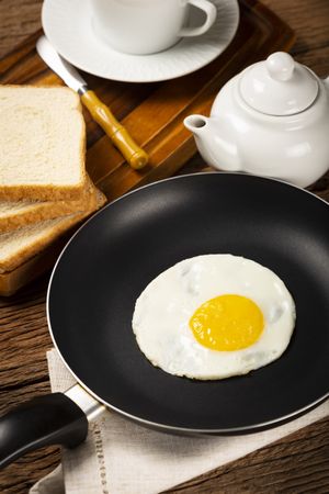 Breakfast with fried egg in the frying pan.