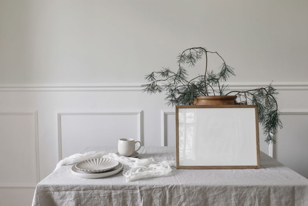 Winter composition with blank horizontal wooden picture frame mockup and pine