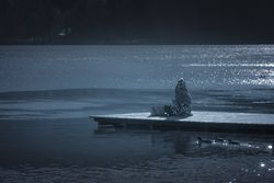 Woman on wooden pier on Lake Bled