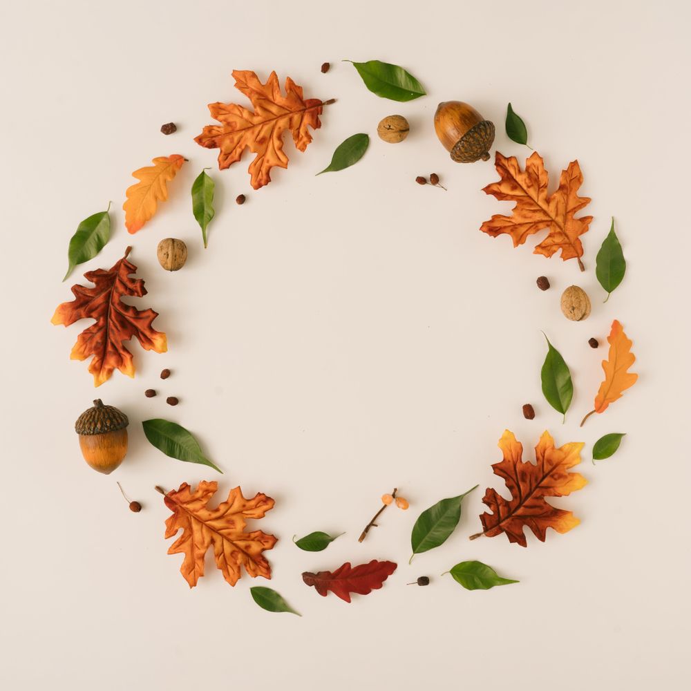 Autumn branches and leaves arranged in festive wreath on light background