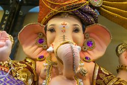 A beautiful idol of Lord Ganpati on display at a workshop in Mumbai, India for the festival of Ganesh Chaturthi