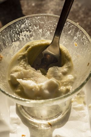 Close-up of melting Sicilian granita in glass cup with spoon in sunlight