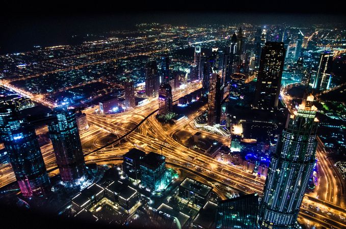 Aerial view of city of Dubai during night time