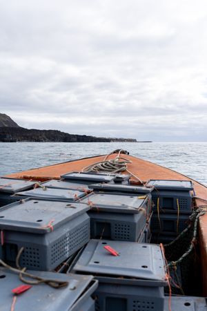 Deck of fishing boat filled with containers of caught lobsters