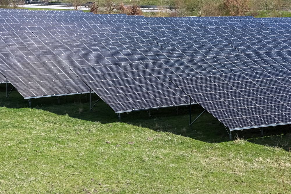 Photovoltaic panels providing clean energy in a field near a highway