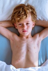 Boy with chickenpox holding hands behind head