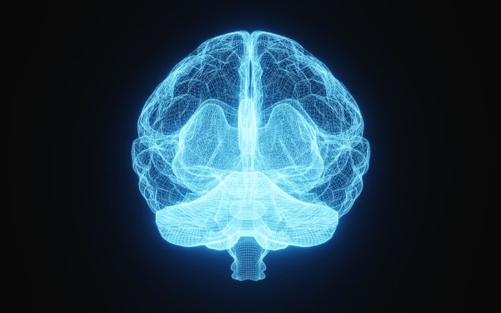 Glowing X-ray image of human brain in blue wireframe on isolated on dark background