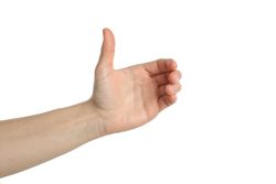 Female hand holding something, isolated on plain background