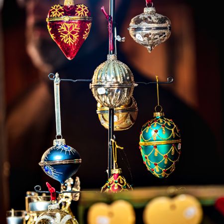 Close up of ornate Christmas baubles