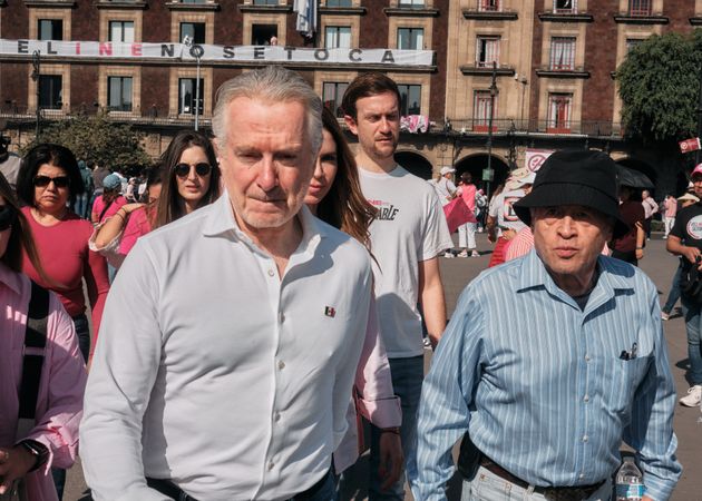 Mexico City, Mexico - February 26th, 2022: Two older men at political protest in Mexico City