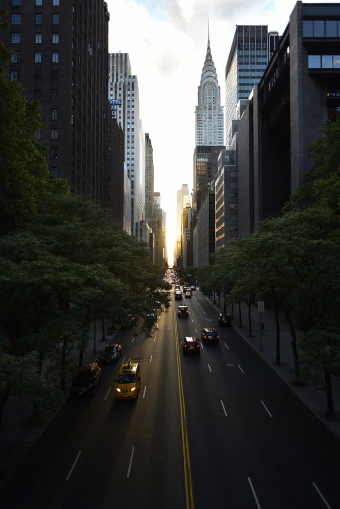 Top view of cars on street between high rise buildings in Manhattan, New York