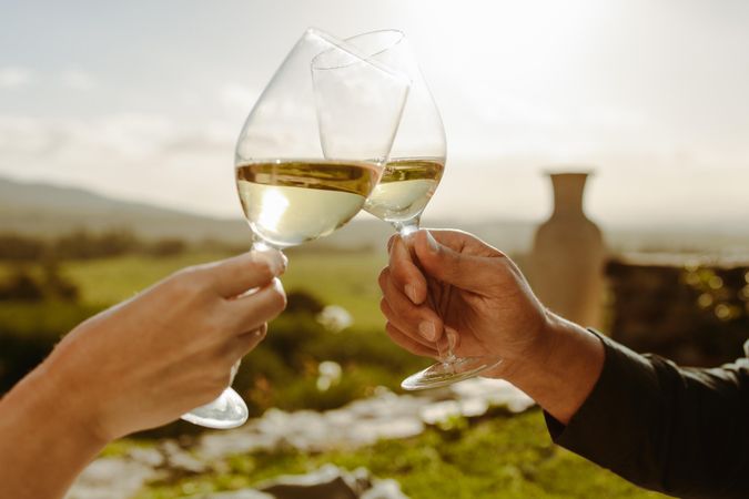 Close up of hands of a couple toasting glasses of wine