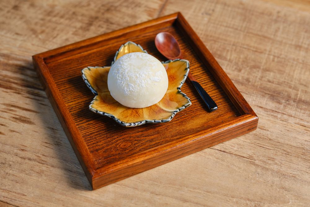 Delicious Japanese dessert mochis rice cakes with rounded shape and chewy texture