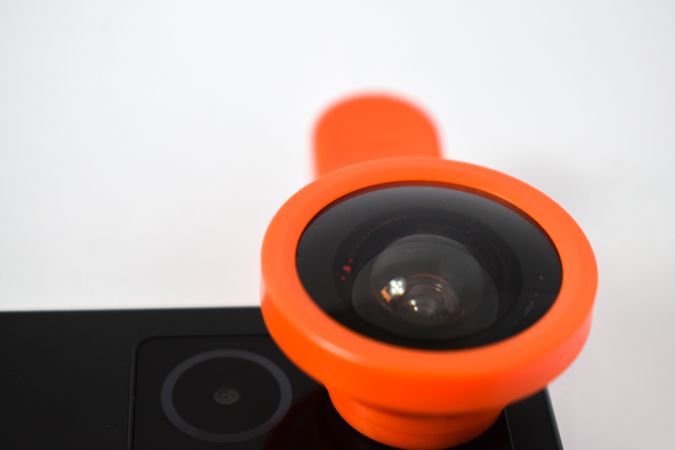 Close up of snap on lens on smartphone camera with copy space