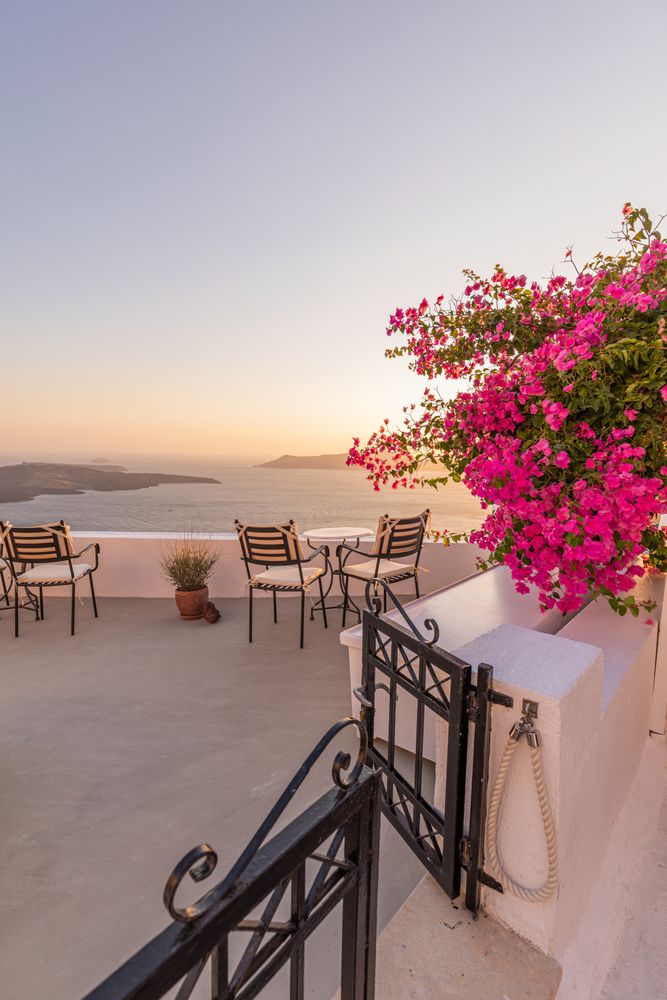 Entrance to rooftop looking out over Aegean Sea, vertical