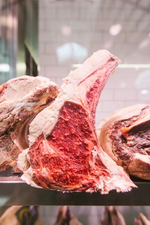 Raw meat on a butcher's chiller for maturing