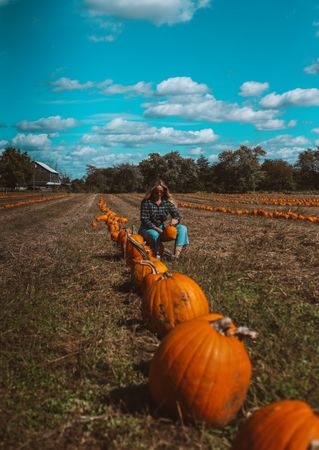 Young woman crouching beside yellow pumpkins on green grass field