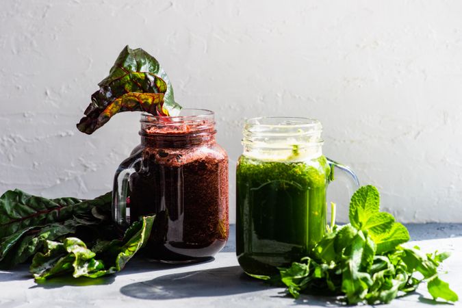 Sunny counter with purple and green smoothie
