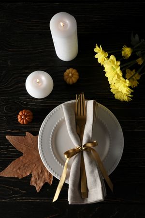 Concept of Thanksgiving day, Autumn table setting, top view