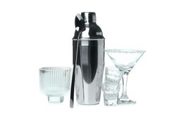 Concept of preparing alcohol drink or cocktail, shaker, isolated on plain background